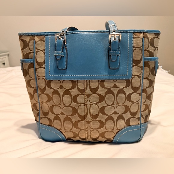 Coach Signature Canvas Tote - Blue Leather Trim